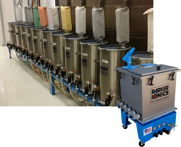 powder coating hoppers filled with multiple colors from Parker Ionics
